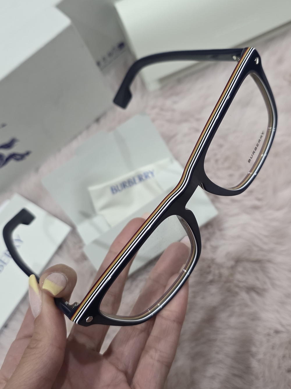Burberry Navy Blue RX Glasses with Signature Stripe Detail (Model: Bolton)